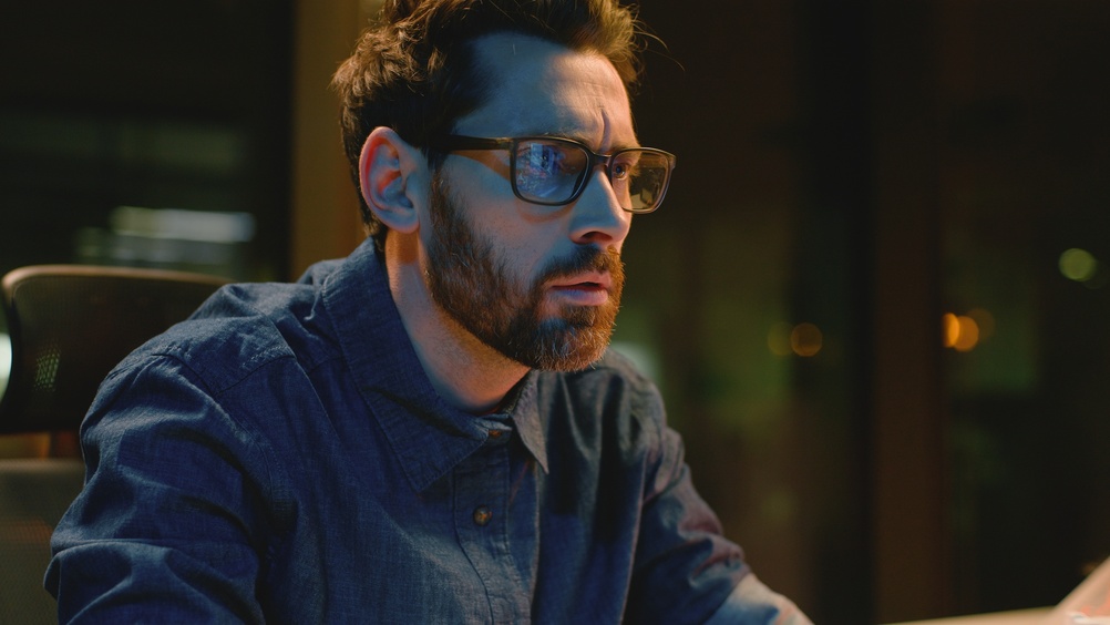 Tired,Stressed,Anxious,Caucasian,Business,Man,Typing,Computer,At,Night